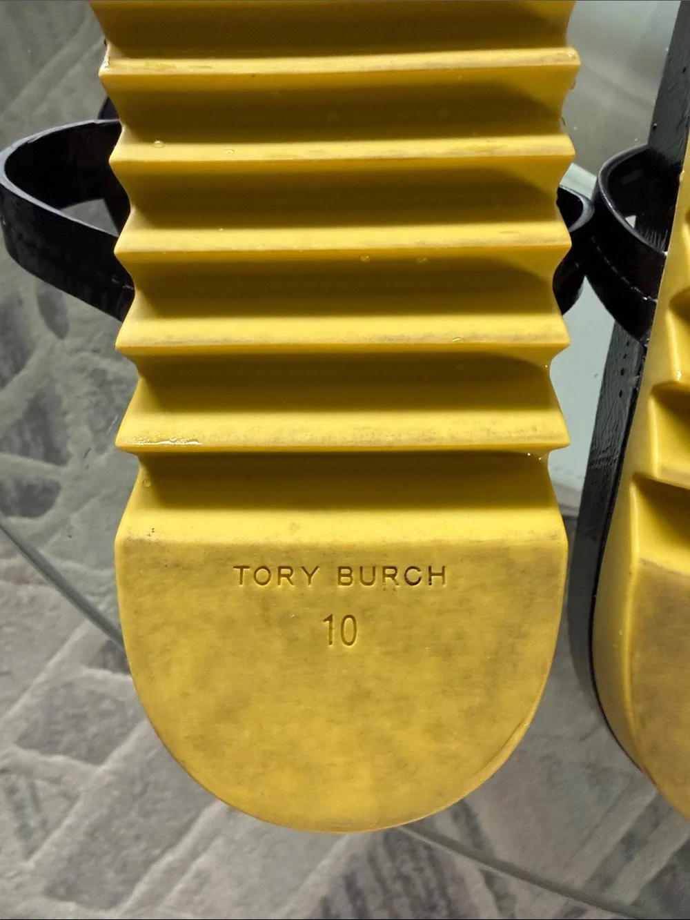 Tory Burch Miller Cloud Lug Sandal Black Patent Thong with Yellow Platform 10